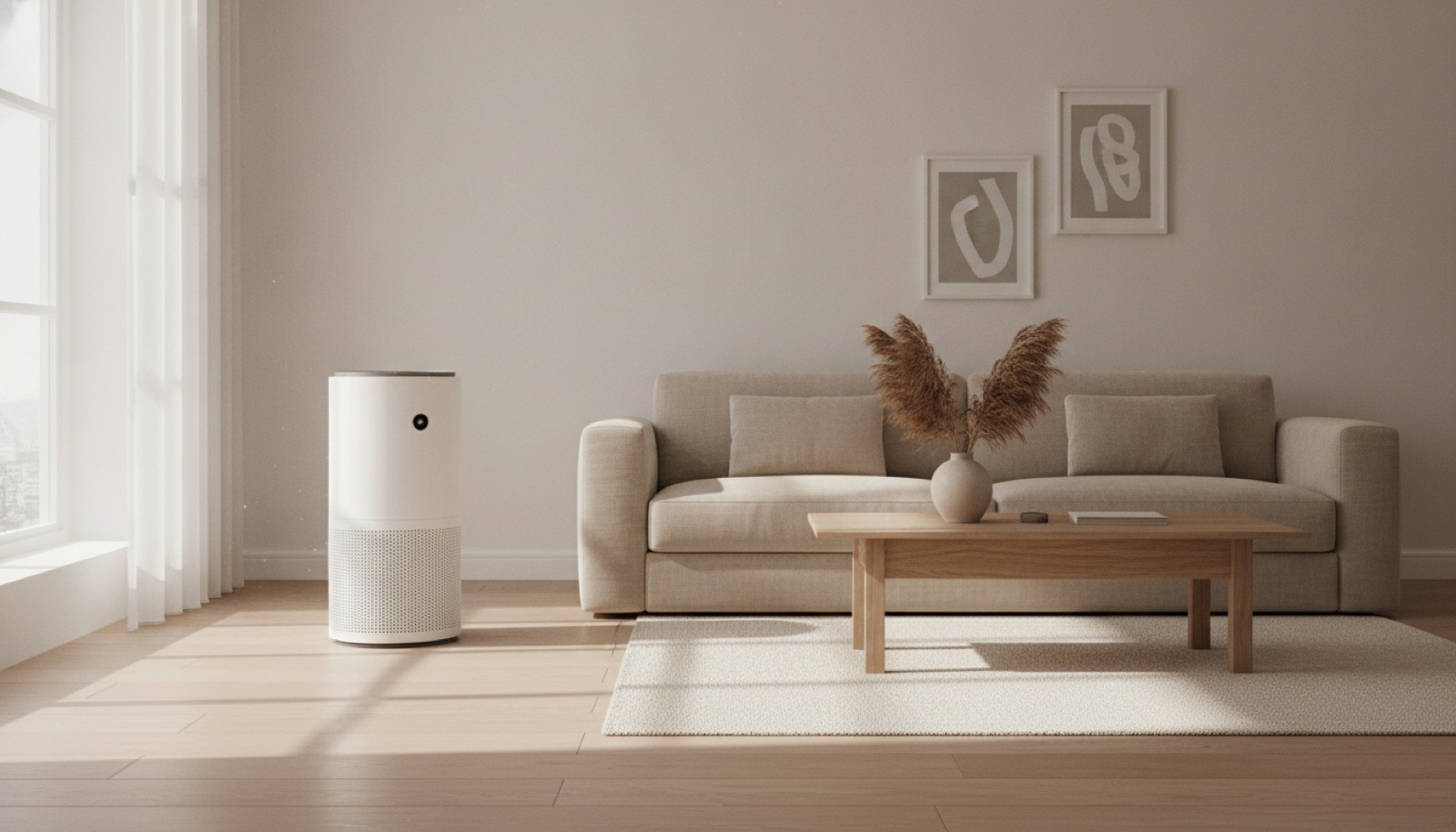 A plain unbranded air purifier in the corner of a calm, minimally furnished living room in soft daylight.