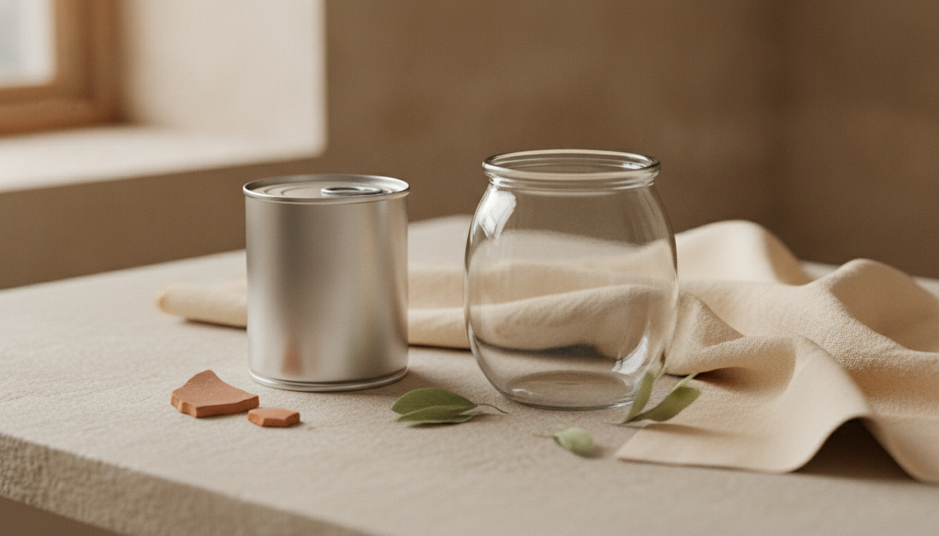 A clear glass jar standing beside a plain unlabeled metal food can on warm linen in soft daylight.