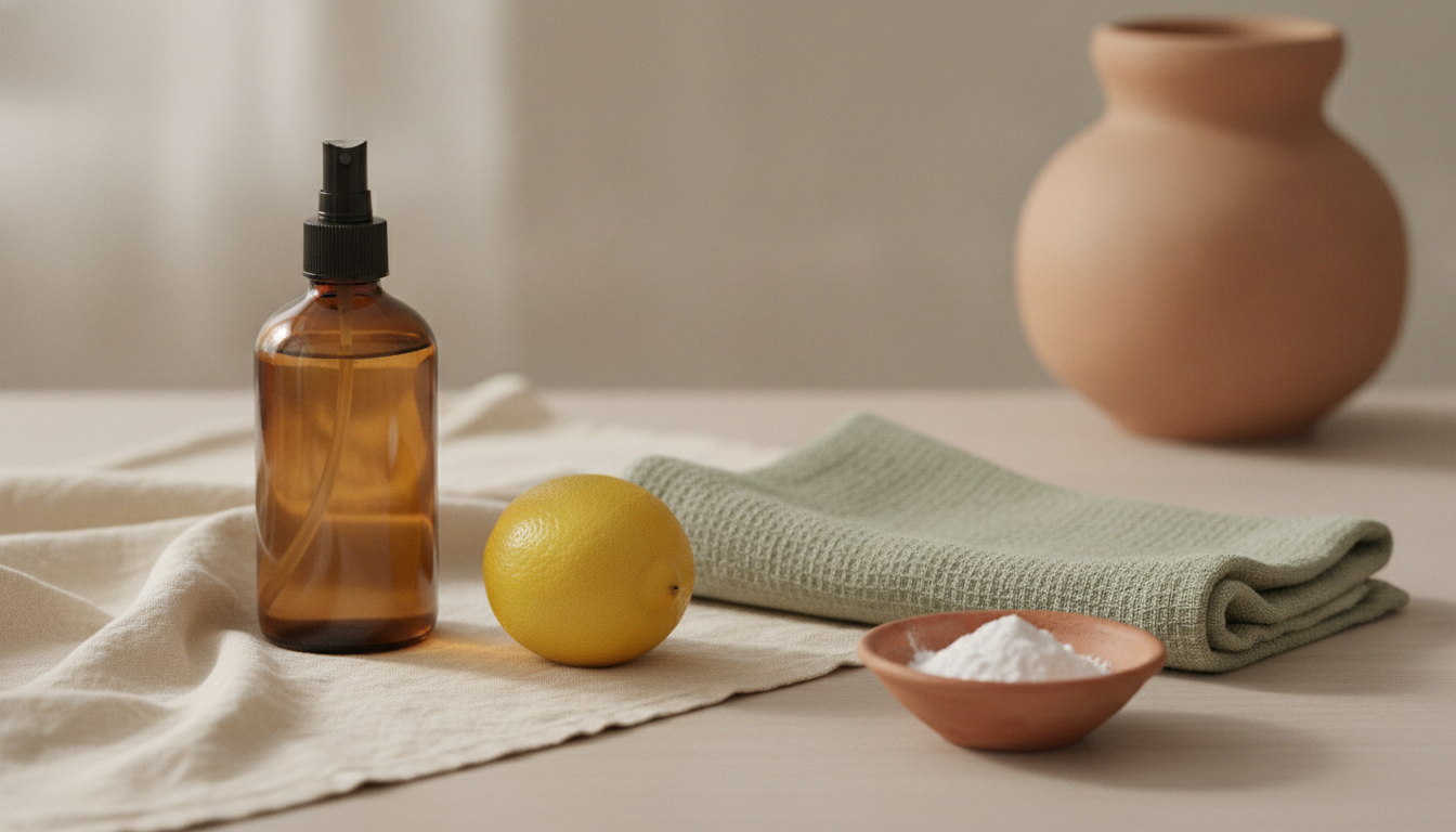 An unbranded amber-glass spray bottle beside a folded cloth, a lemon, and a small dish of baking soda on warm cream linen in soft natural light.