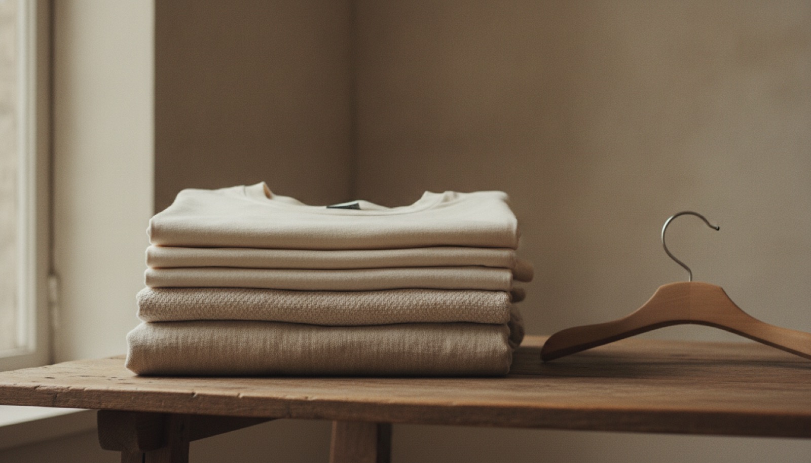 A neat stack of folded undyed cotton and linen garments beside a wooden hanger on a pale surface in soft daylight.