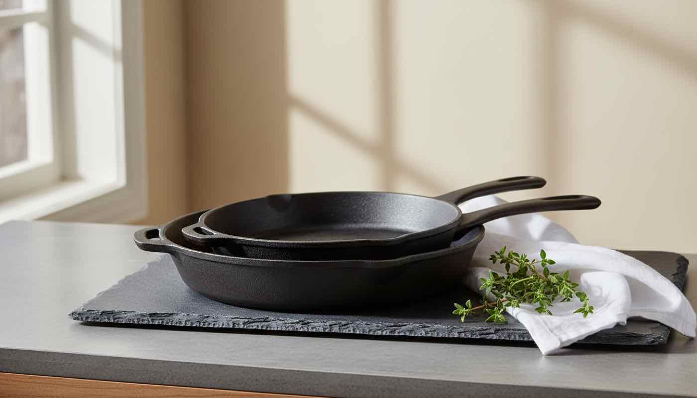 Two unbranded matte-black cast-iron pans stacked on a slate countertop next to a sprig of thyme and a folded white linen cloth.