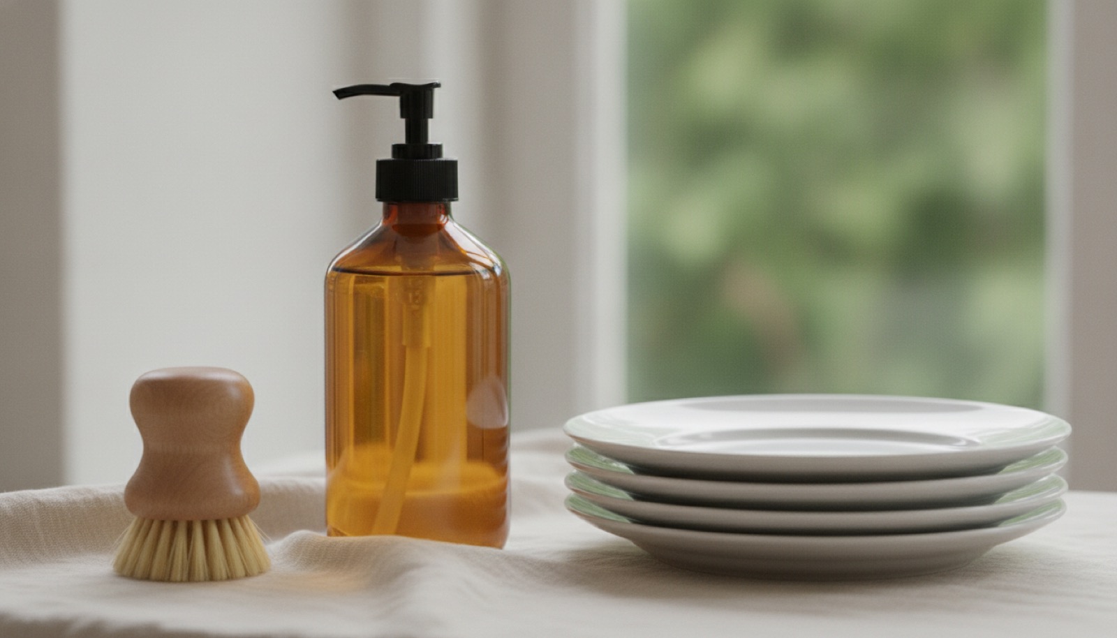 An unbranded amber-glass bottle of dish soap beside a wooden brush and a stack of clean plates on a cream linen surface in soft daylight.
