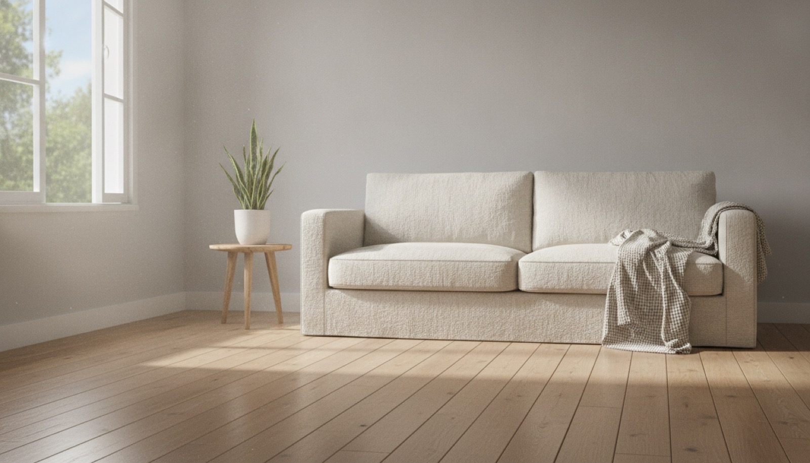 A calm, minimally furnished living room with a linen sofa, a wooden floor, an open window, and a small potted plant in soft daylight.