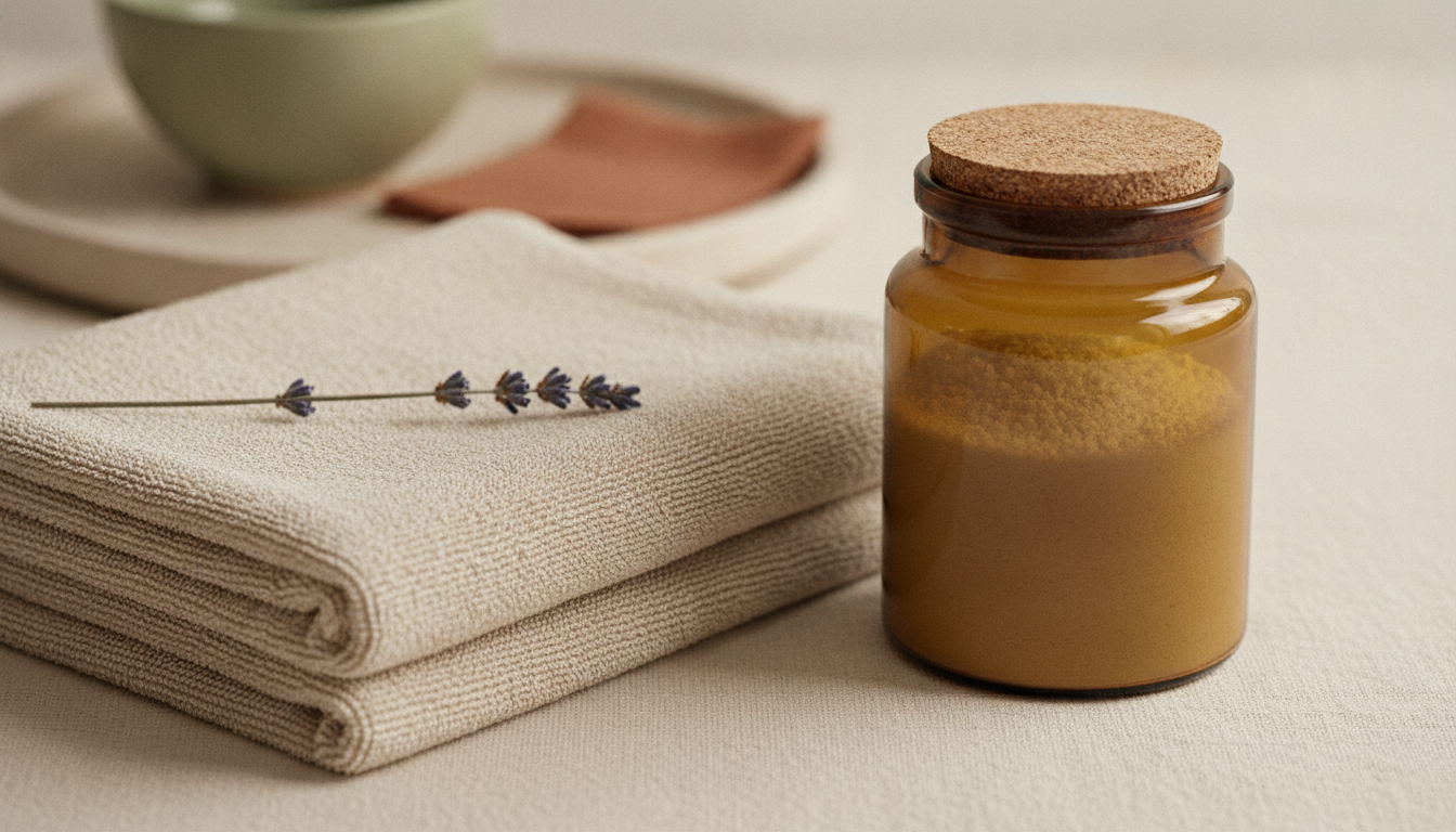 An unbranded amber-glass jar of white laundry powder beside a folded oat-colored towel and a sprig of lavender on warm cream linen in soft daylight.