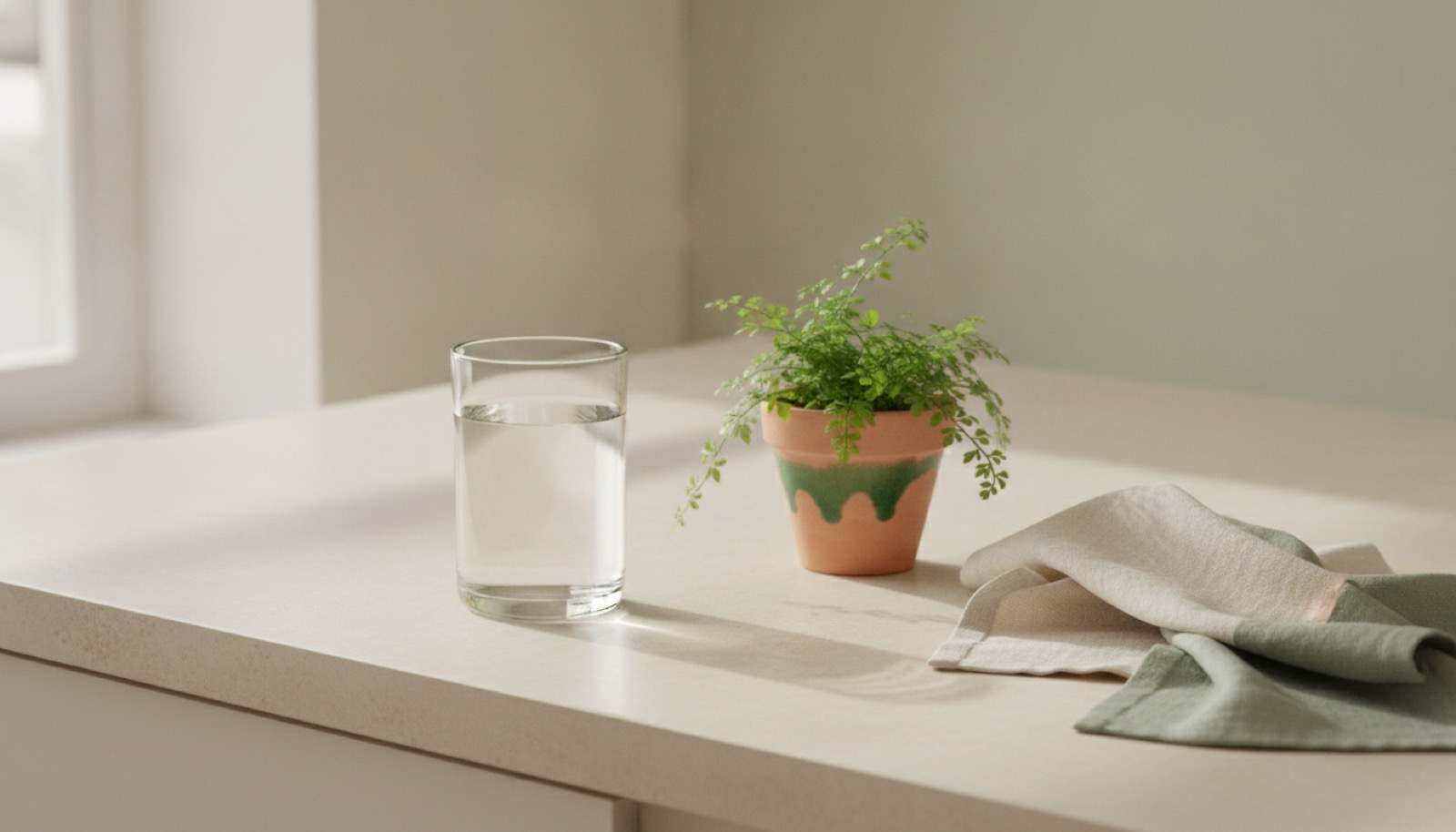 A clear glass of filtered water beside a small green plant and a folded linen cloth on a pale stone counter in soft daylight.