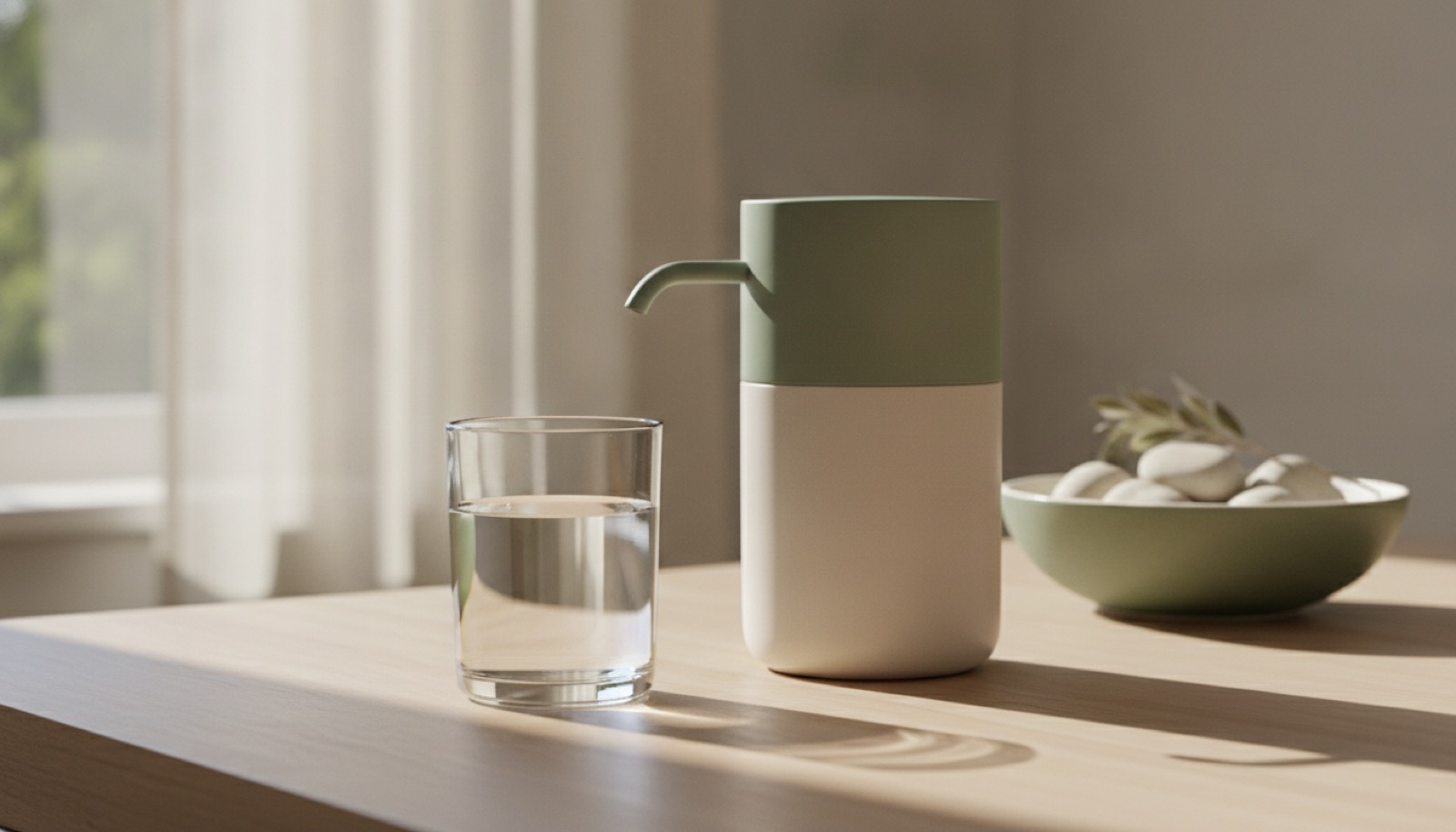 A clear glass of filtered water beside a plain unbranded countertop filter on a light wood kitchen counter in soft morning light.
