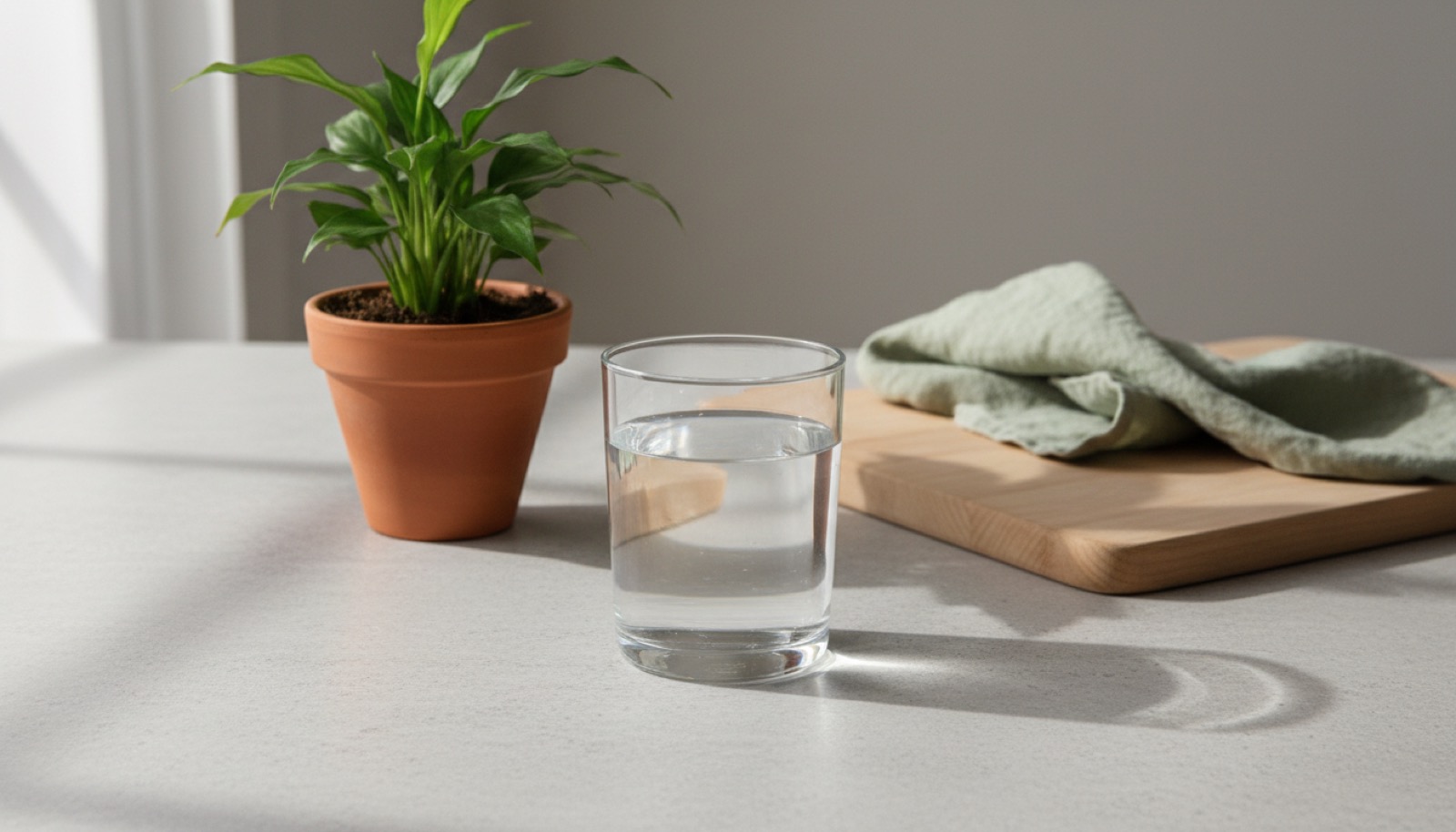 Fresh food in glass bowls on a pale kitchen surface beside a carafe of filtered water in soft daylight.