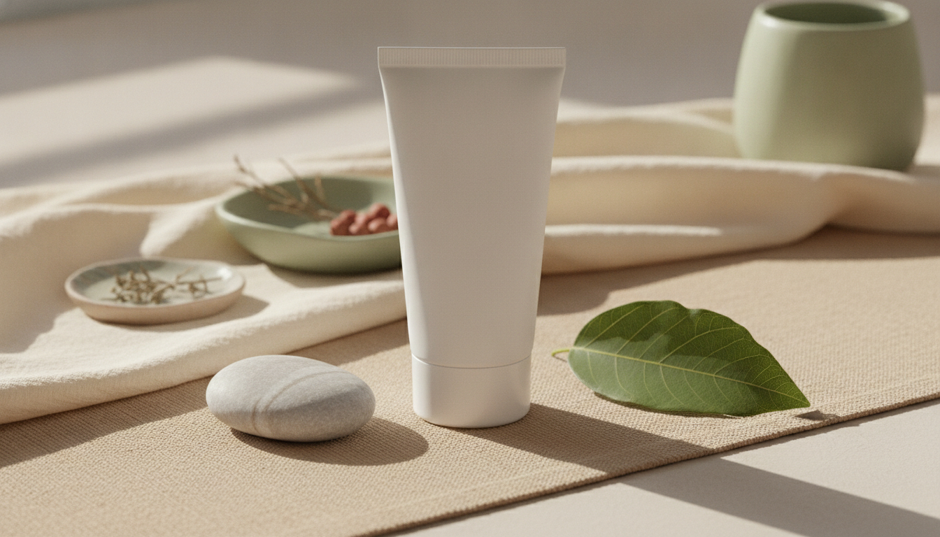 An unbranded white sunscreen tube beside a smooth pale pebble and a green leaf on sand-toned linen in soft natural light.