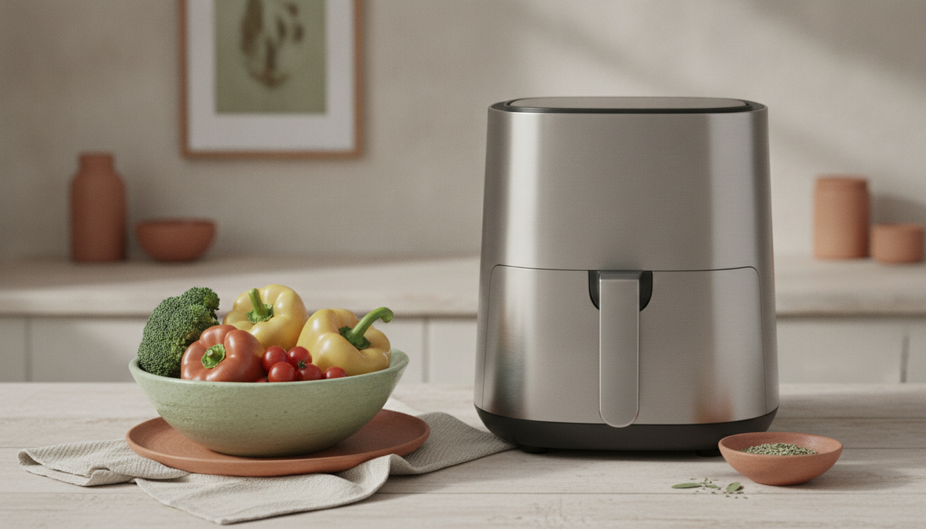An unbranded stainless steel air fryer on a light wood kitchen counter beside a bowl of fresh vegetables in soft morning light.