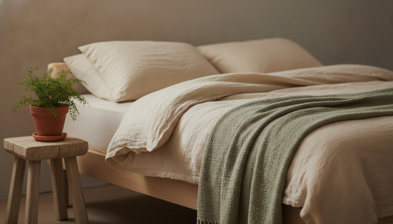 An unbranded organic cotton mattress on a light wood bed frame beside a folded wool throw and a small potted plant in soft morning light.