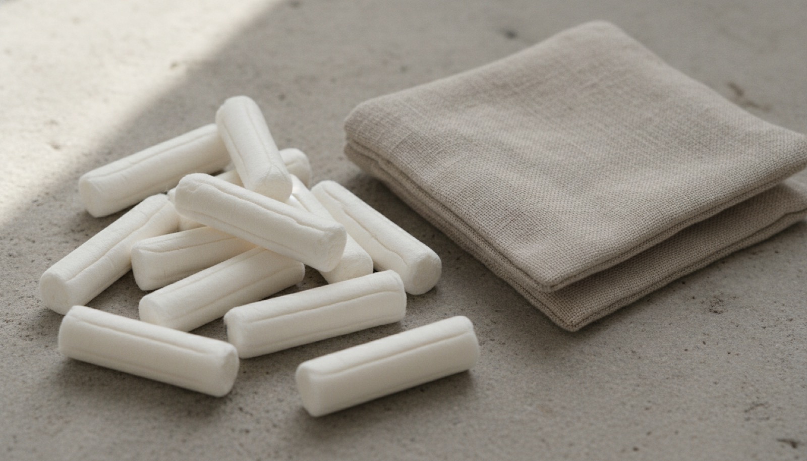A plain medical-grade silicone menstrual cup beside a few unwrapped organic cotton tampons on a pale surface in soft morning light.