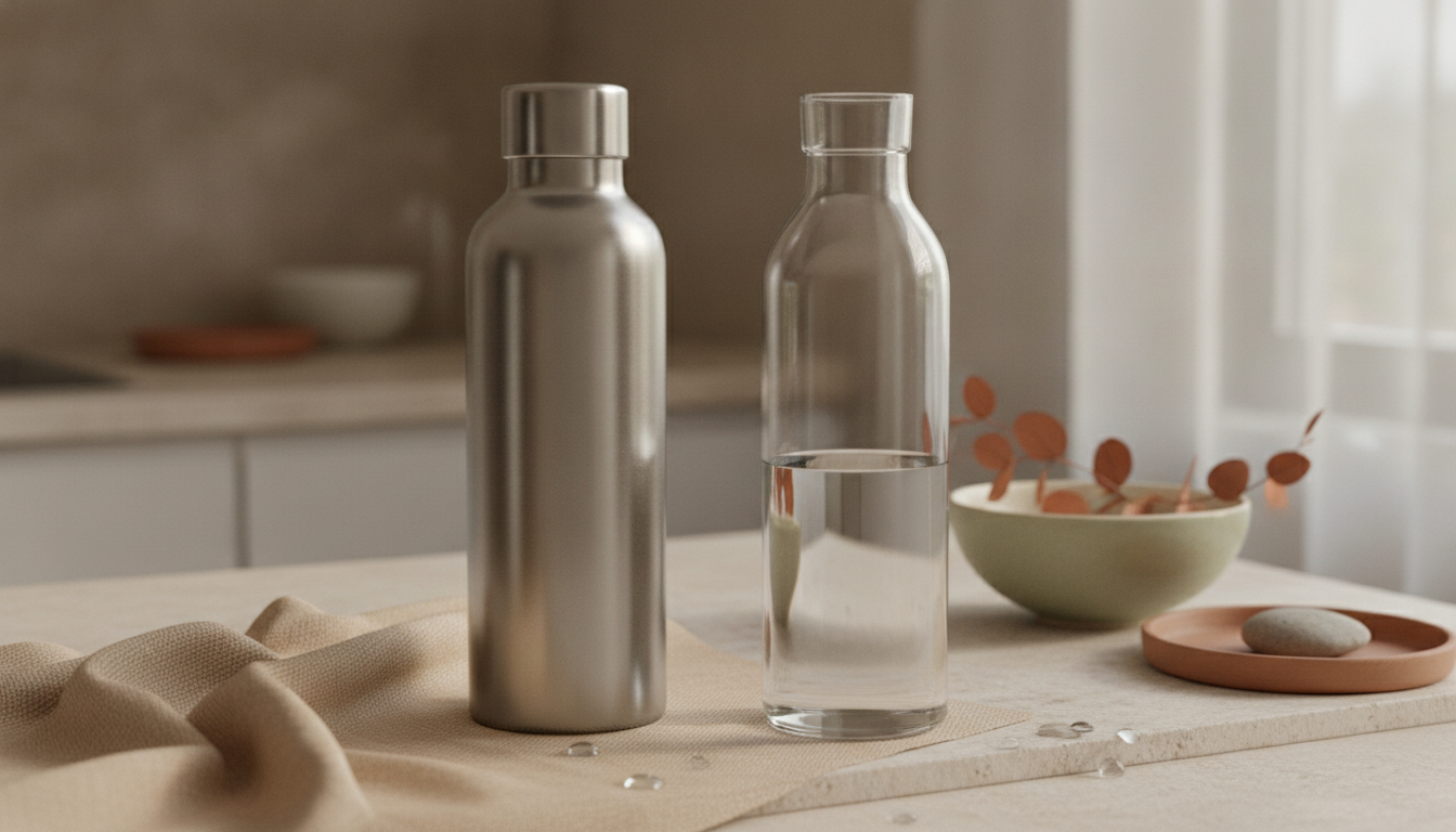 An unbranded stainless steel water bottle and a clear glass bottle side by side on a pale linen surface in soft morning light.