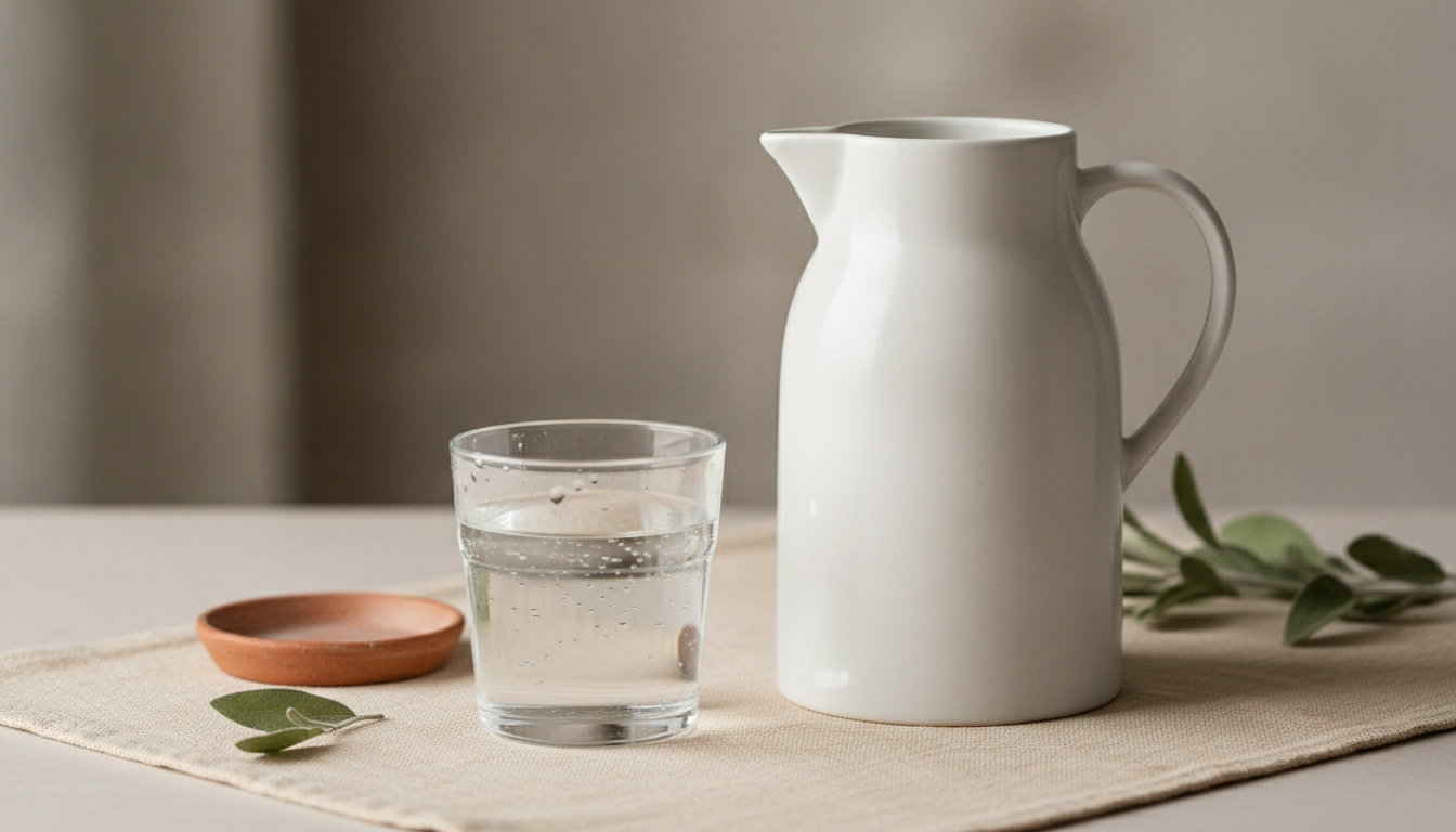 A clear glass of water beside a simple unbranded countertop water pitcher, with a few water droplets on the surface in soft light.