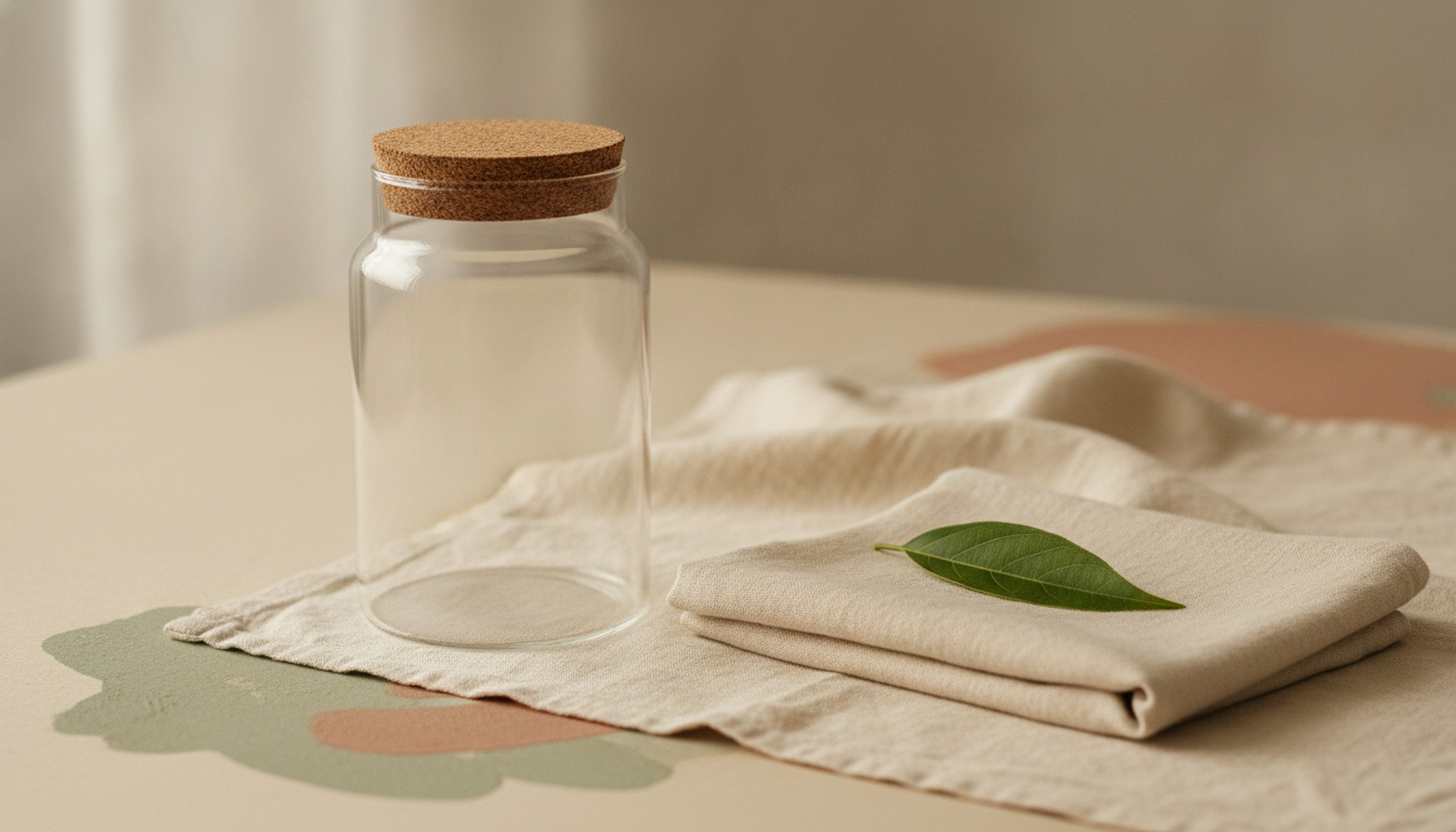 A clear glass storage jar beside a folded soft cloth and a fresh green leaf on warm cream linen, soft daylight.