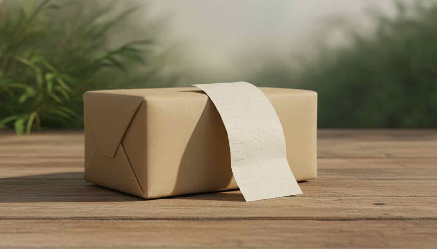 Plain brown paper retail package on a wooden doorstep with an unbranded paper receipt resting on top in soft morning daylight.