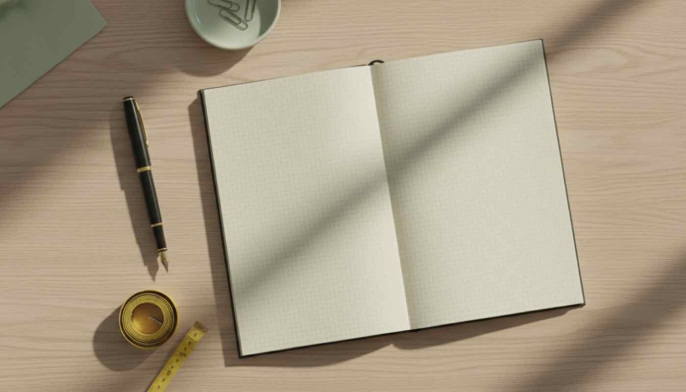 Open paper notebook with a blank grid-paper page on a wooden desk next to an unbranded fountain pen and folded measuring tape in soft morning light.