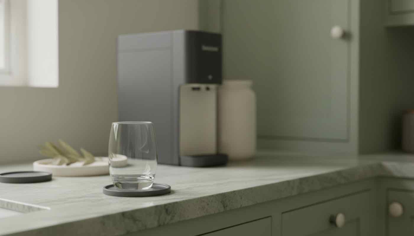 Clean glass of water on a kitchen counter catching window light, with a generic countertop water dispenser blurred in the background.